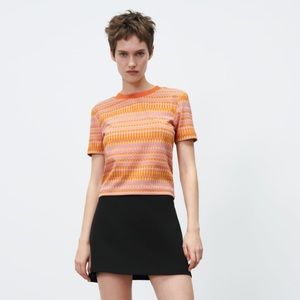 Zara Jacquard Orange and Pink Short Sleeve Knit Top